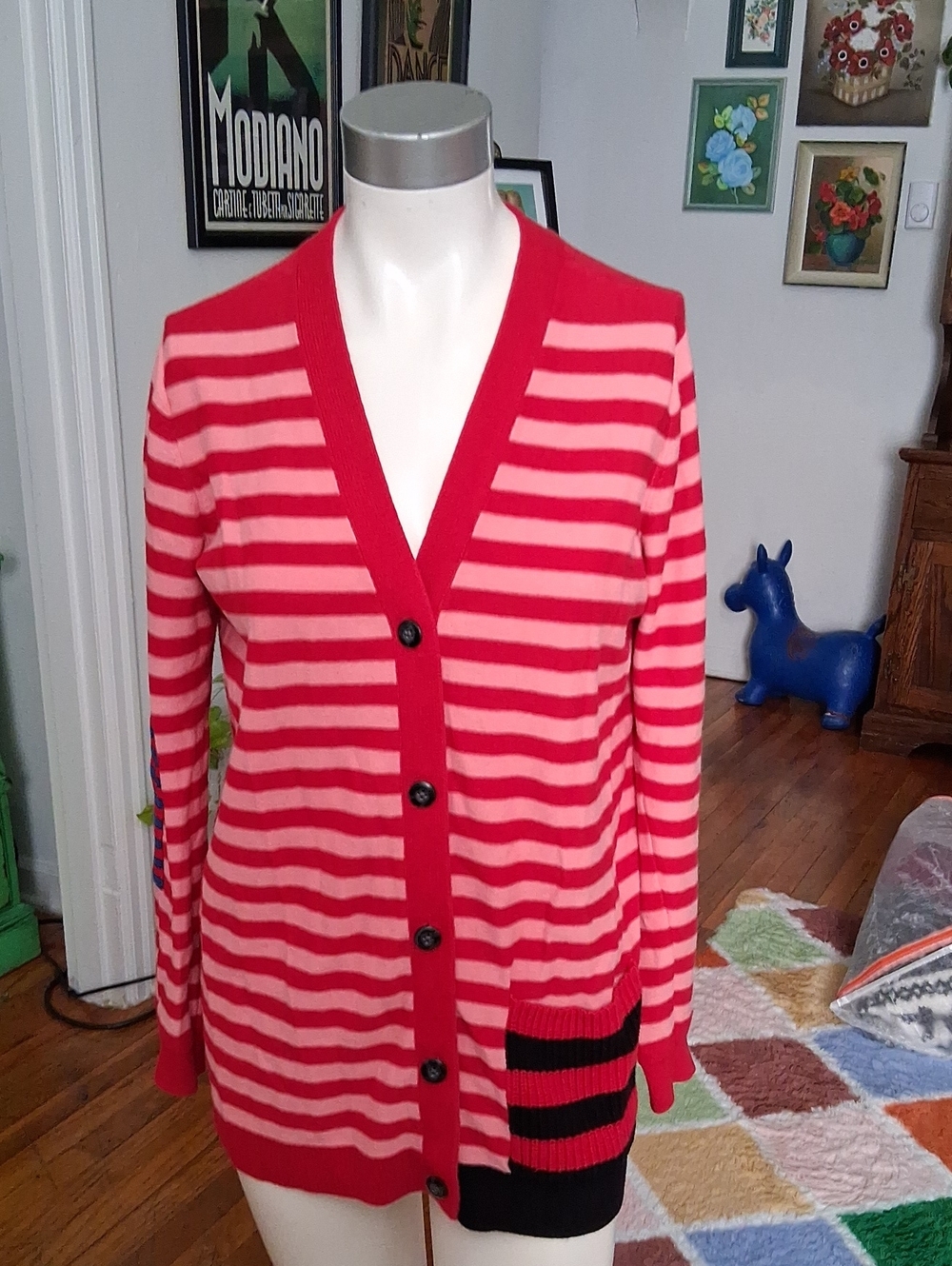 CAbi Red and Pink Striped Button Cardigan